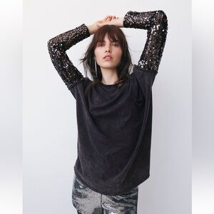 Free People Celine Sequin Sleeve Tee Size Small fits up to L
